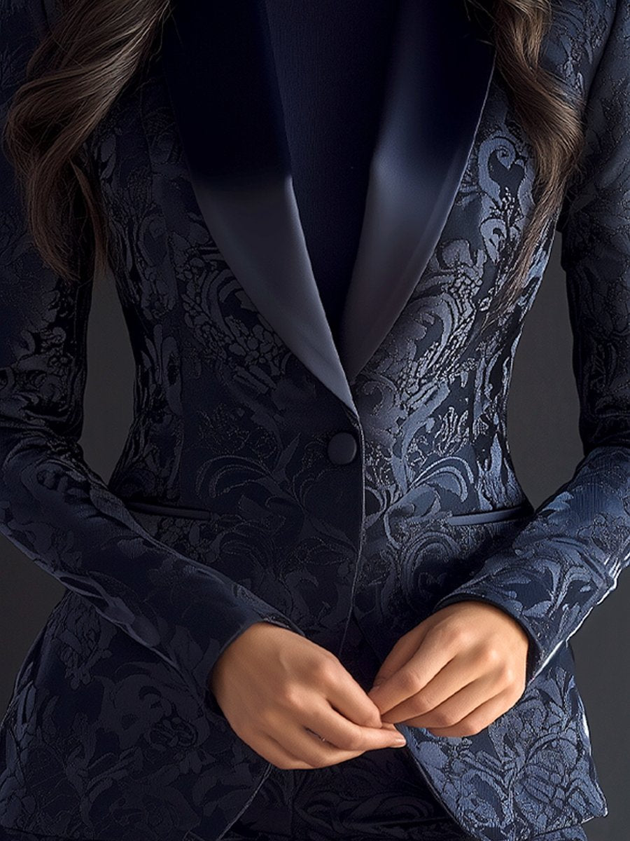 Dark Navy Jacquard Blazer with Sleek Satin Lapel