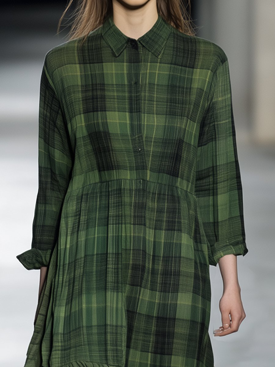 Green Plaid Button-Up Midi Shirt Dress