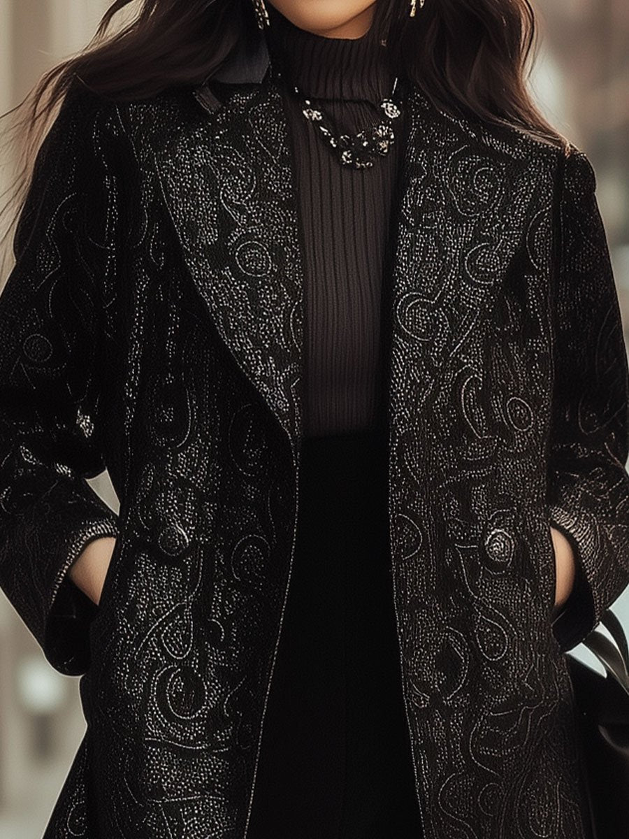 Elegant Black Textured Blazer with Subtle Paisley Motifs