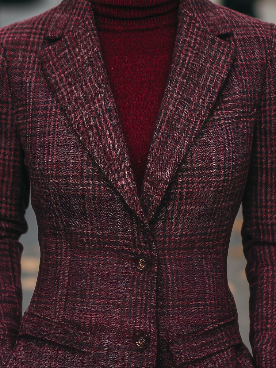 Plaid Wool Blazer in Rich Burgundy Tones