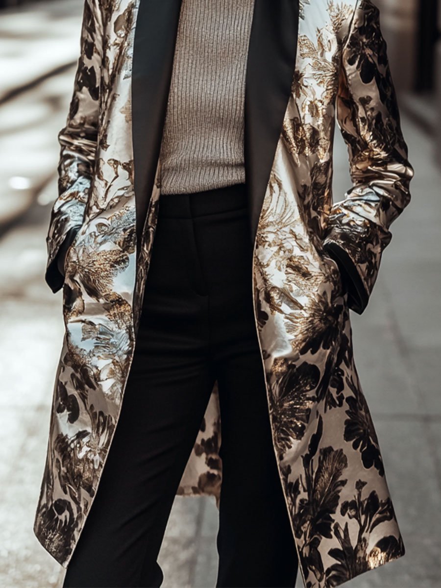Satin Floral Coat with Statement Lapel
