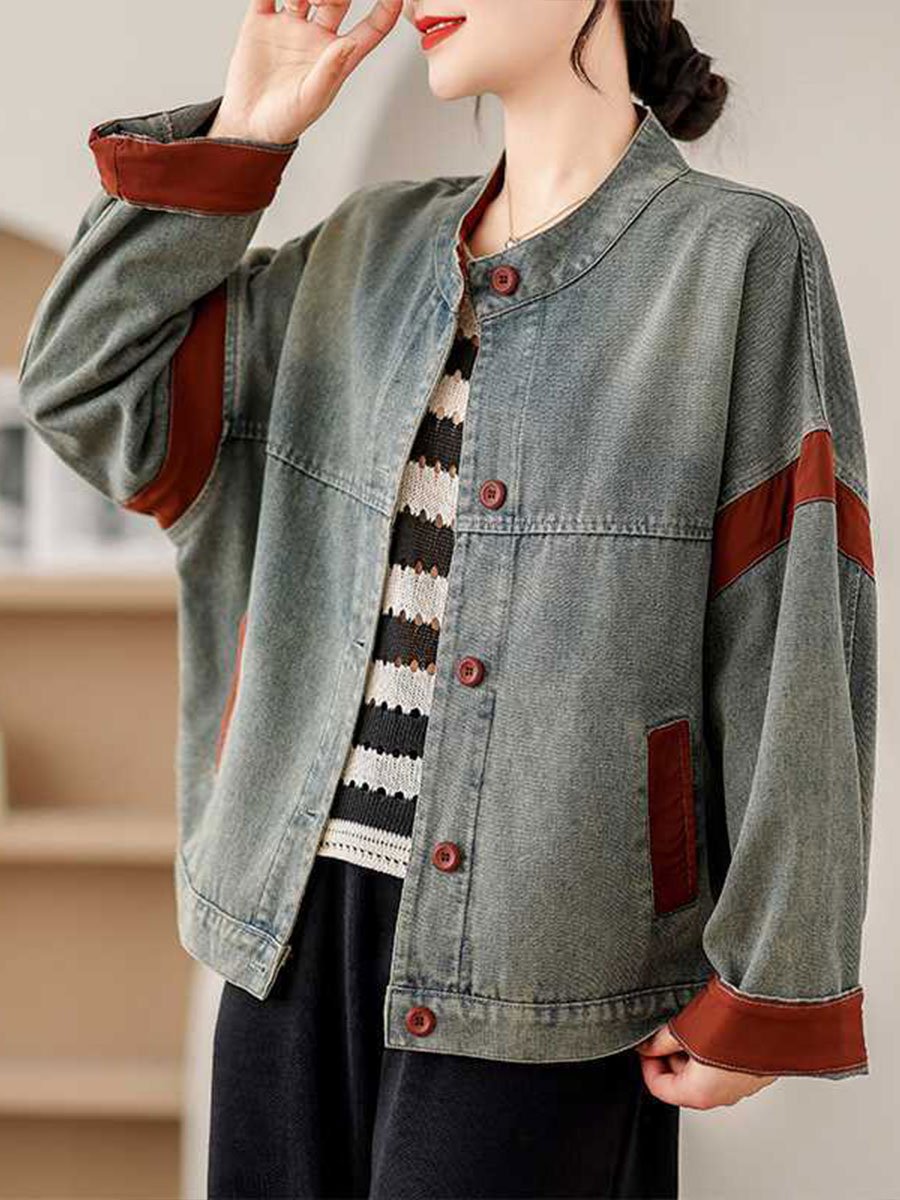 Casual Button-Up Denim Jacket with Brown Accent Trim