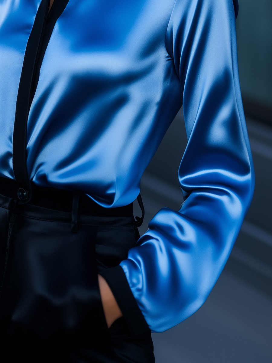 Electric Blue Satin Blouse with Sleek Black Contrast