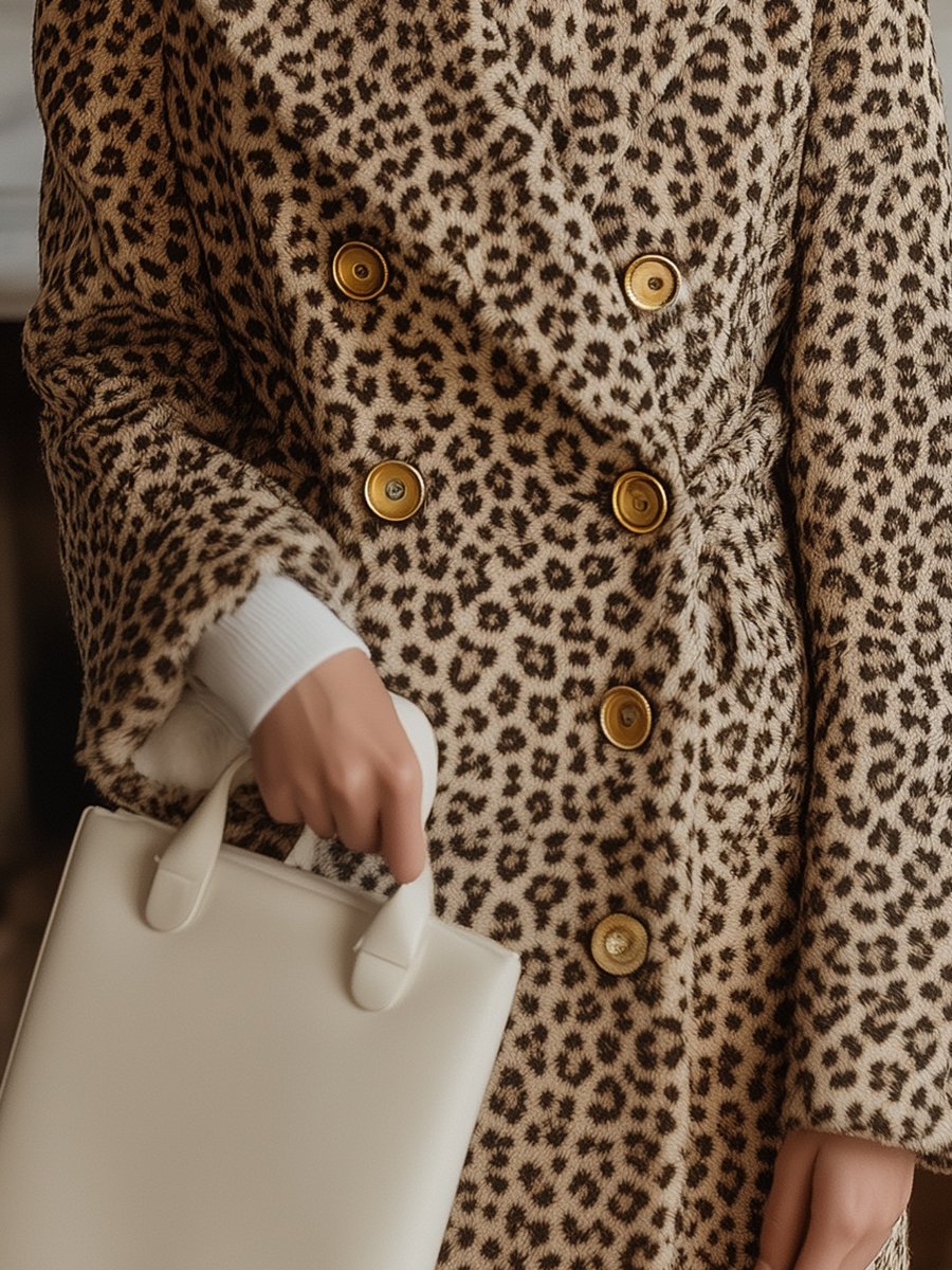 Leopard Print Double-Breasted Coat with Gold Buttons and Shearling Collar