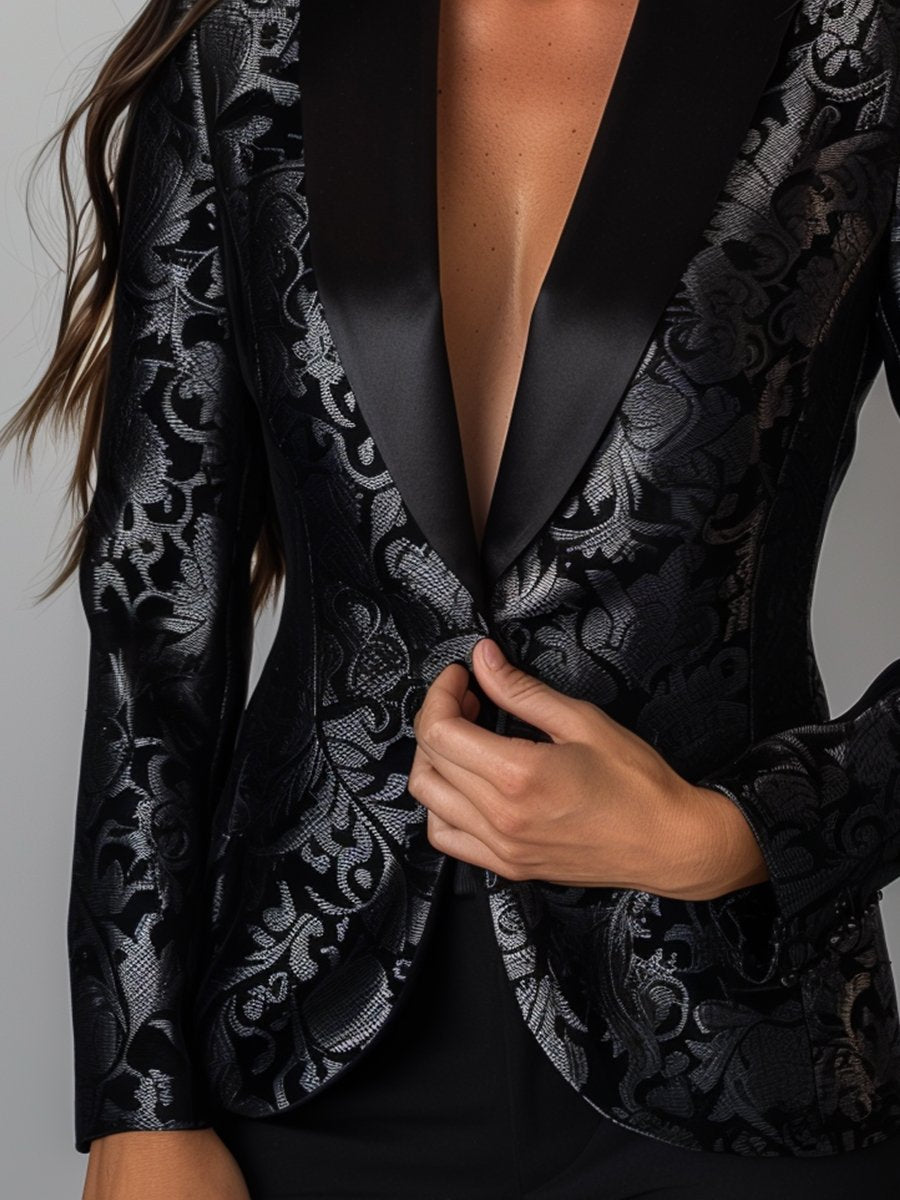 Luxury Black and Silver Floral Jacquard Blazer