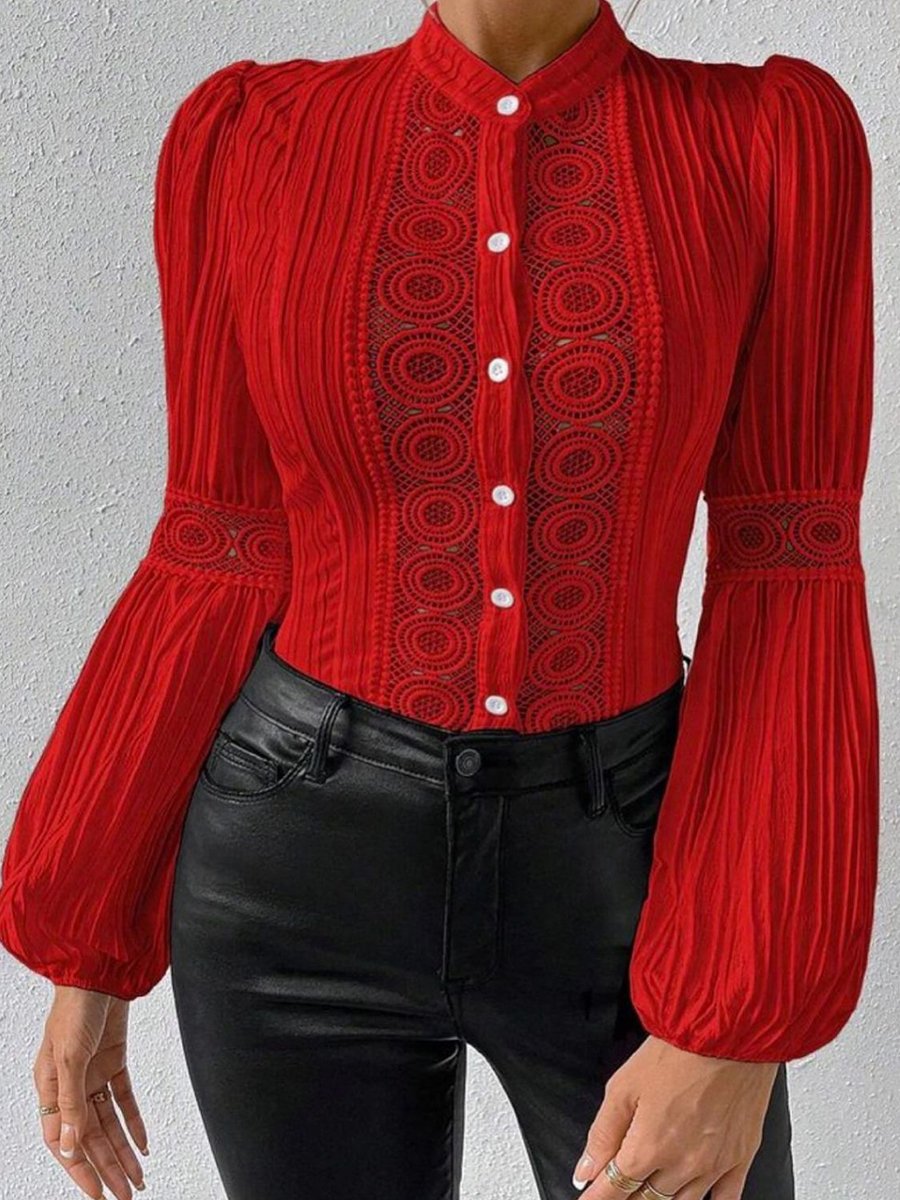 Sophisticated Long-Sleeve Lace Trim Blouse