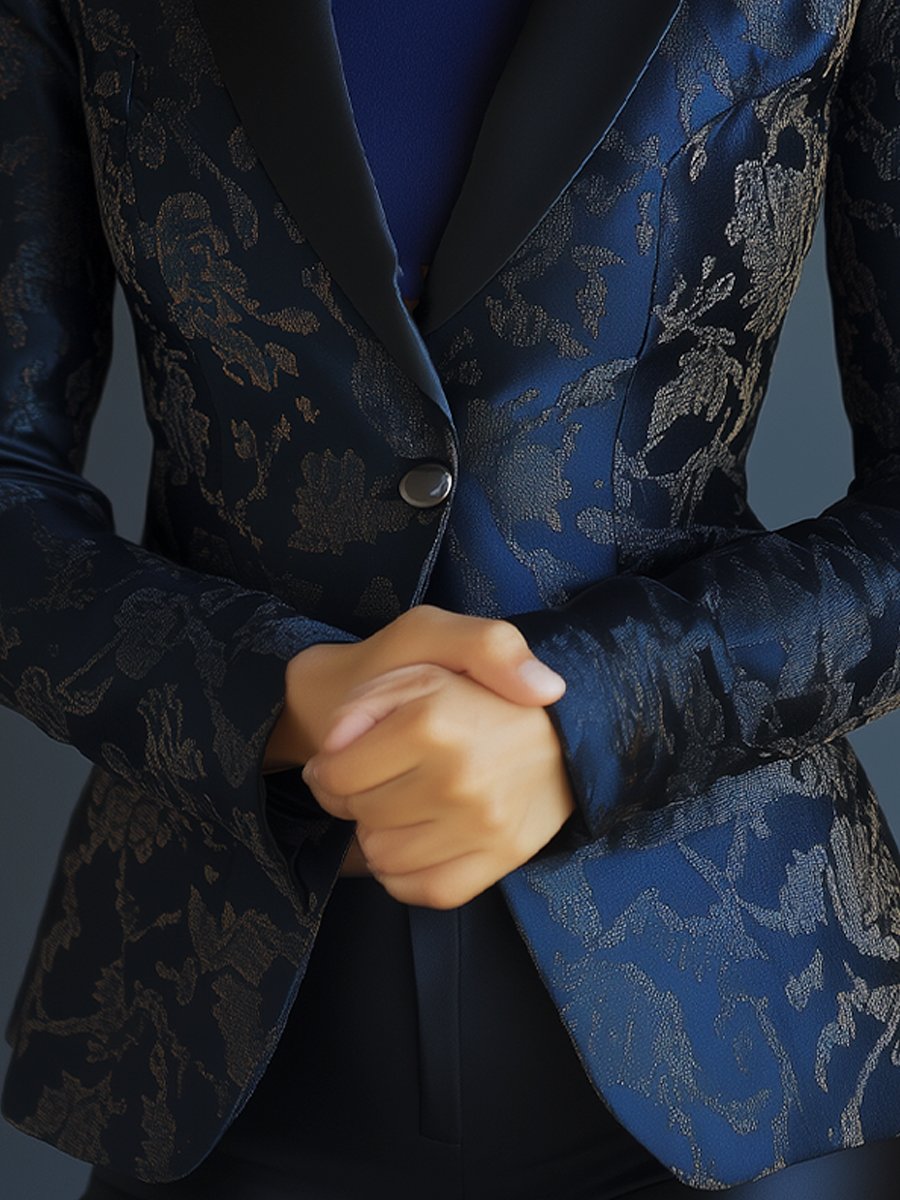 Luxurious Blue Satin Jacquard Blazer with Floral Embellishments