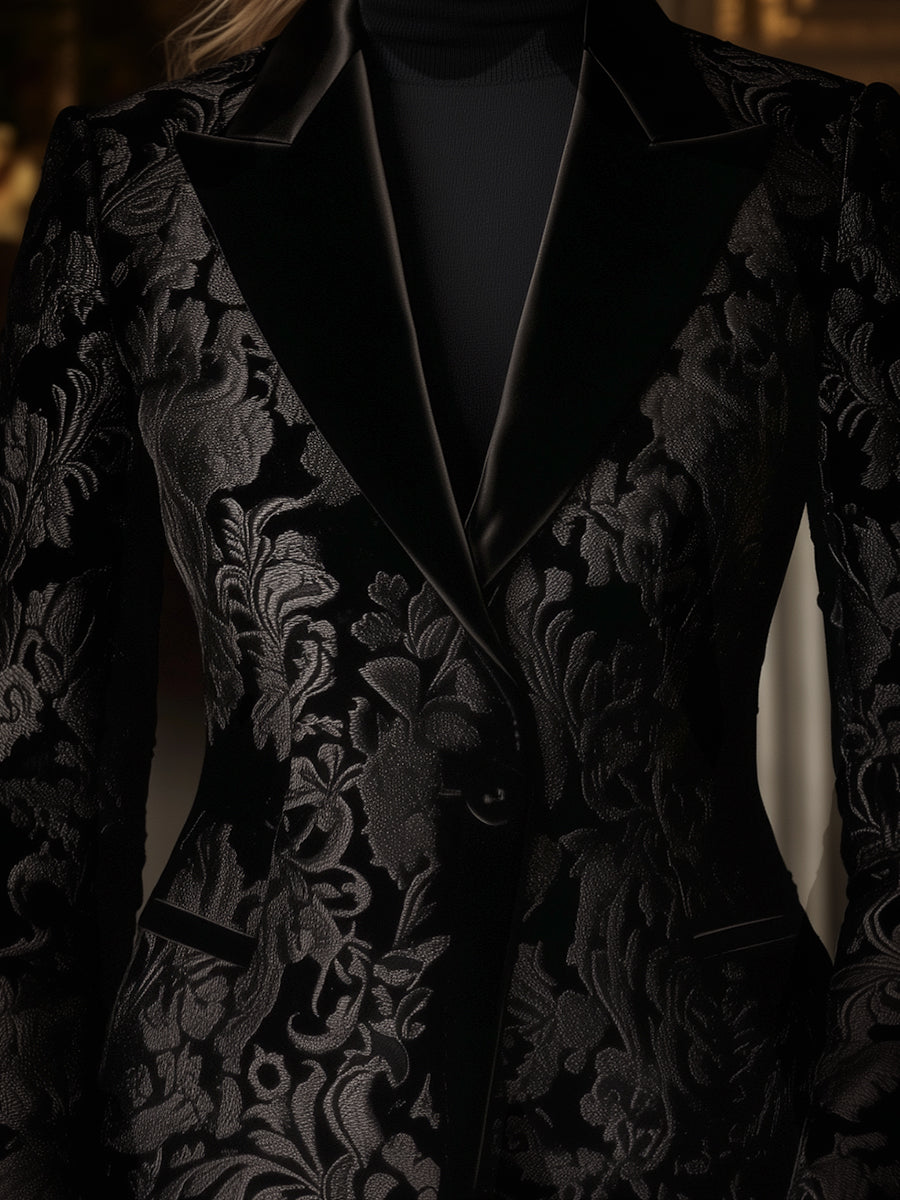 Black Baroque Jacquard Blazer with Velvet Lapels and Intricate Floral Pattern
