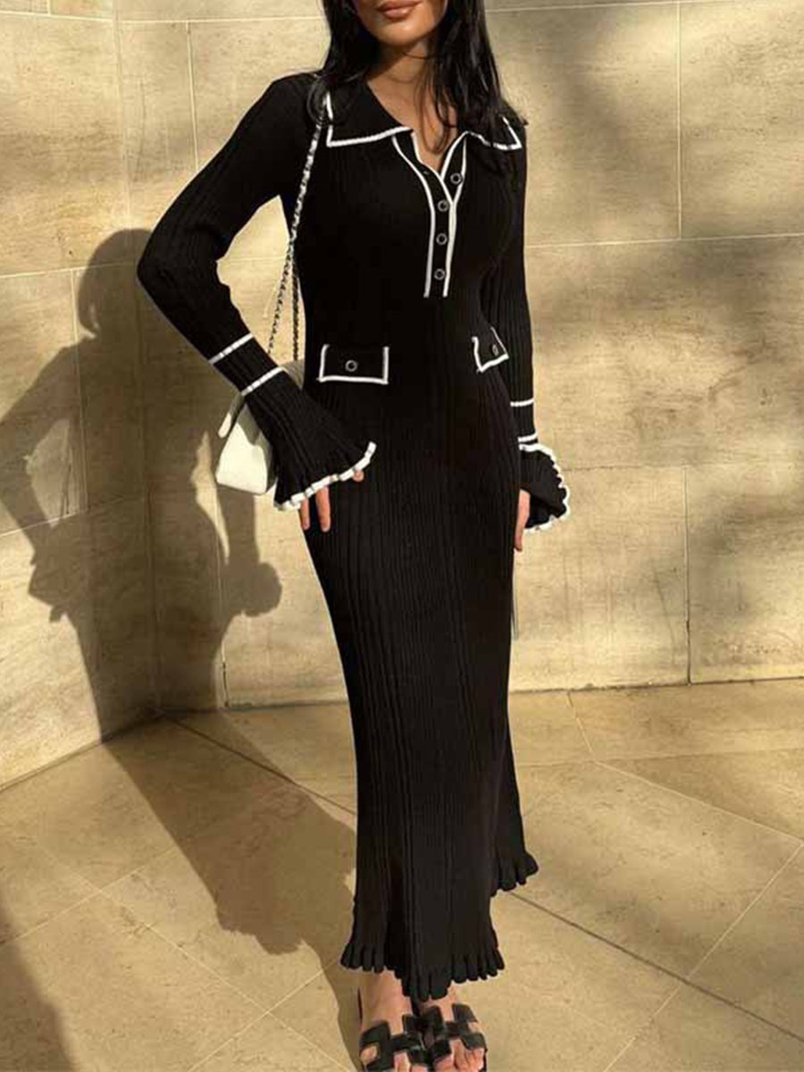 Retro Ruffle Skirt Slim Fit Knitted Dress