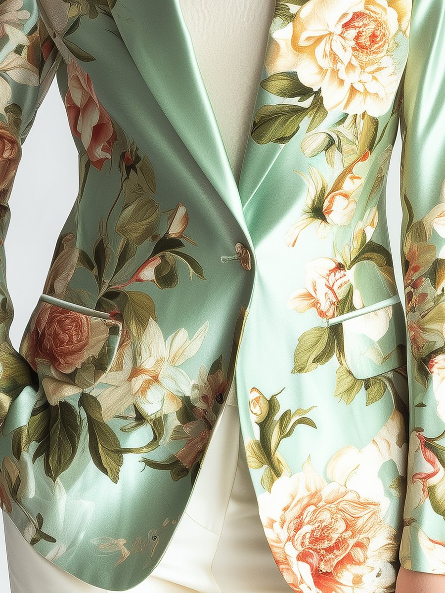 Mint Green Satin Blazer with Lush Floral Patterns
