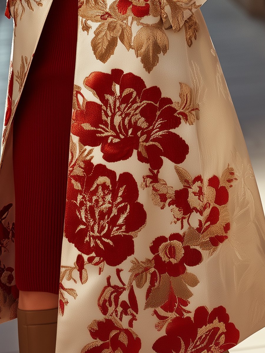 Crimson Bloom Jacquard Coat