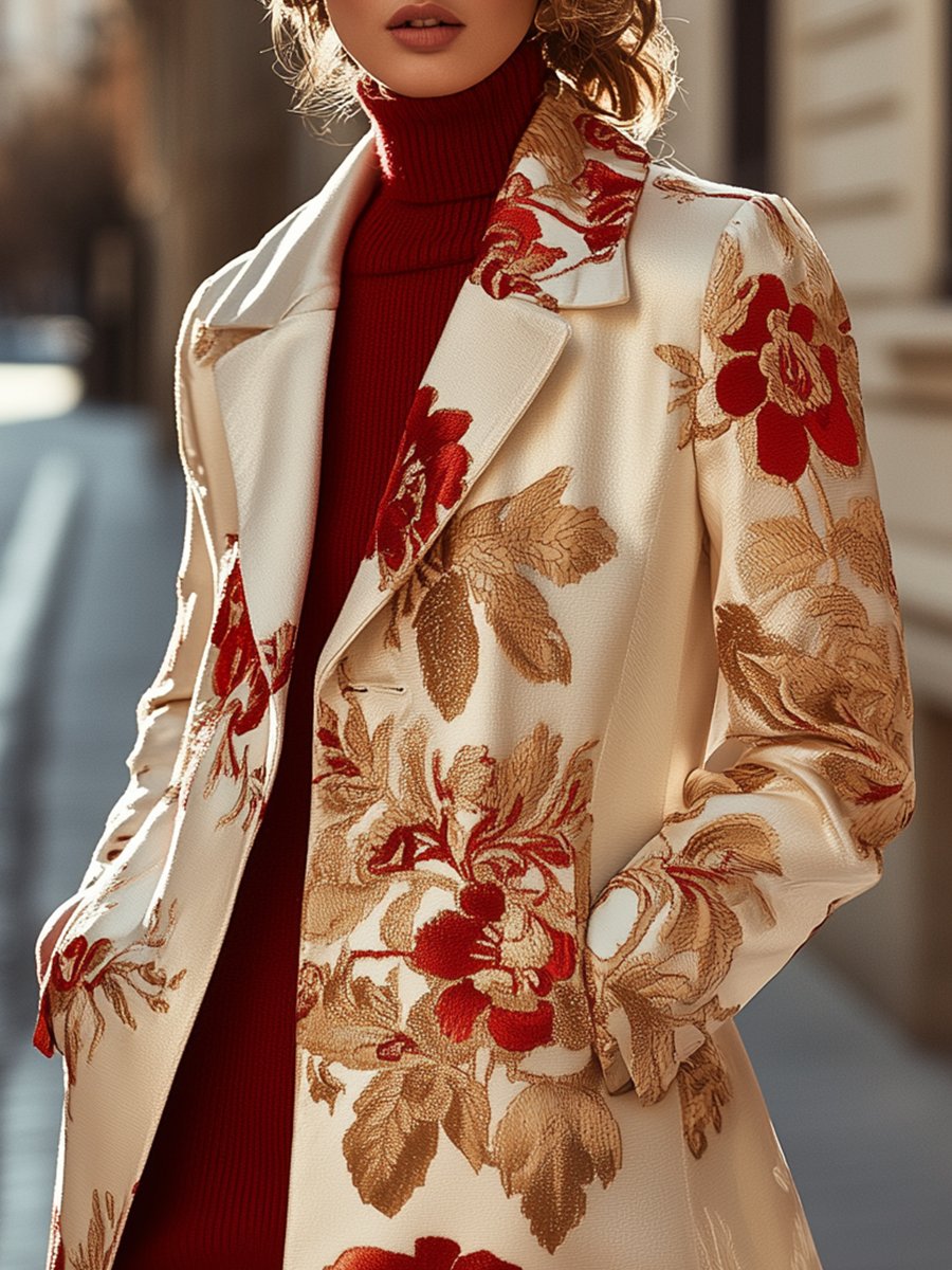 Crimson Bloom Jacquard Coat