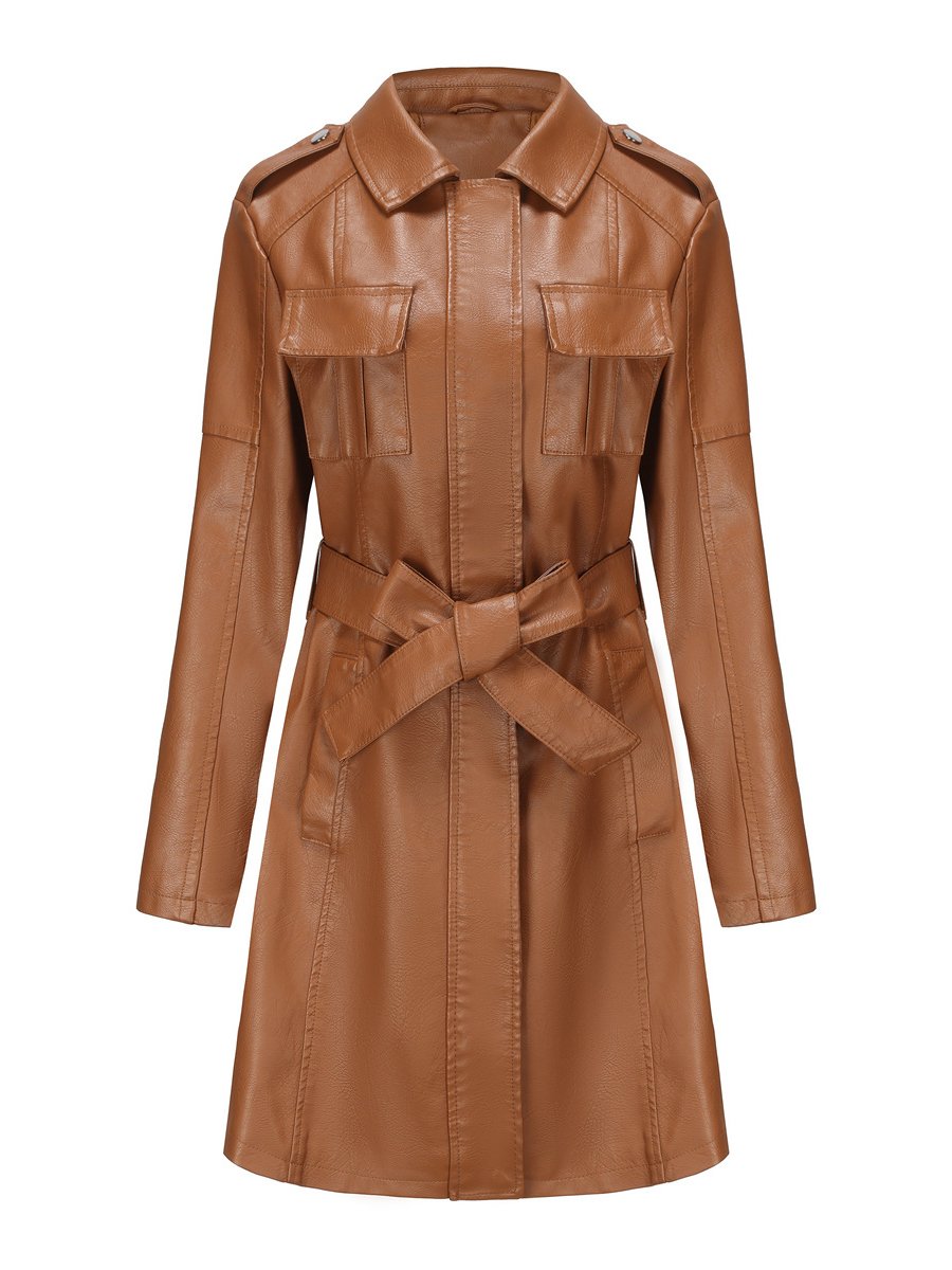 Classic Faux Leather Plain Long-sleeved Trench Coat with Belt