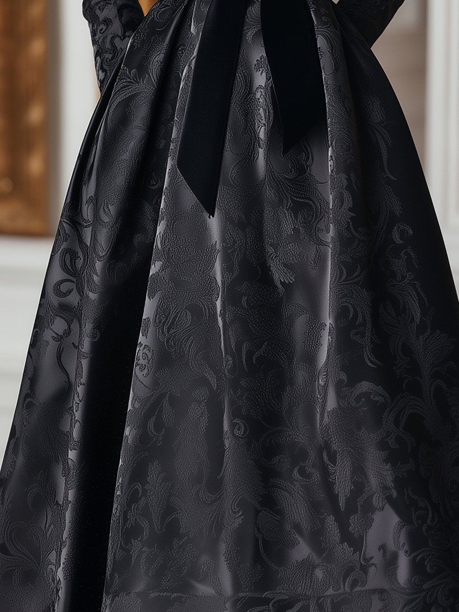 Black Satin Jacquard Dress with Elegant Floral Patterns and Belted Waist