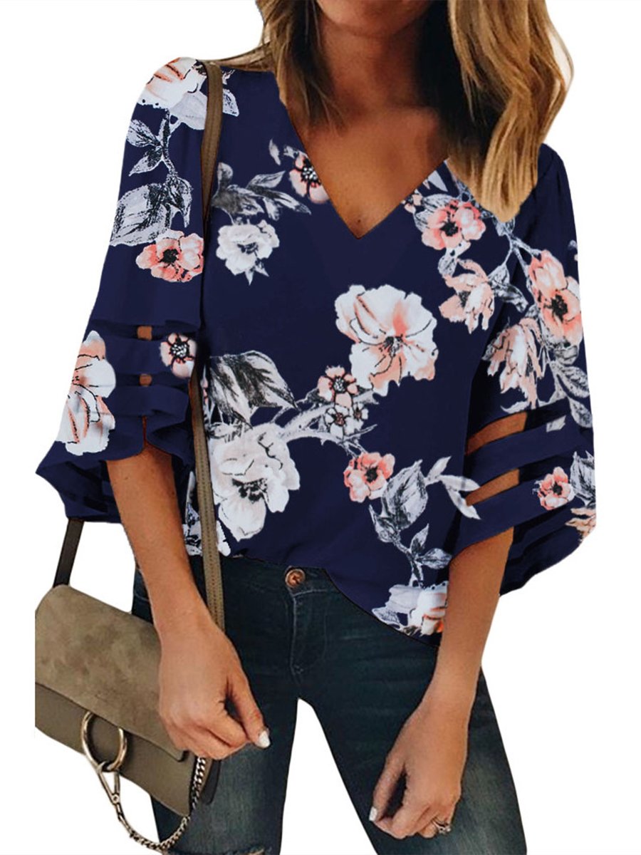 V-neck Bell Sleeve Loose T-shirt