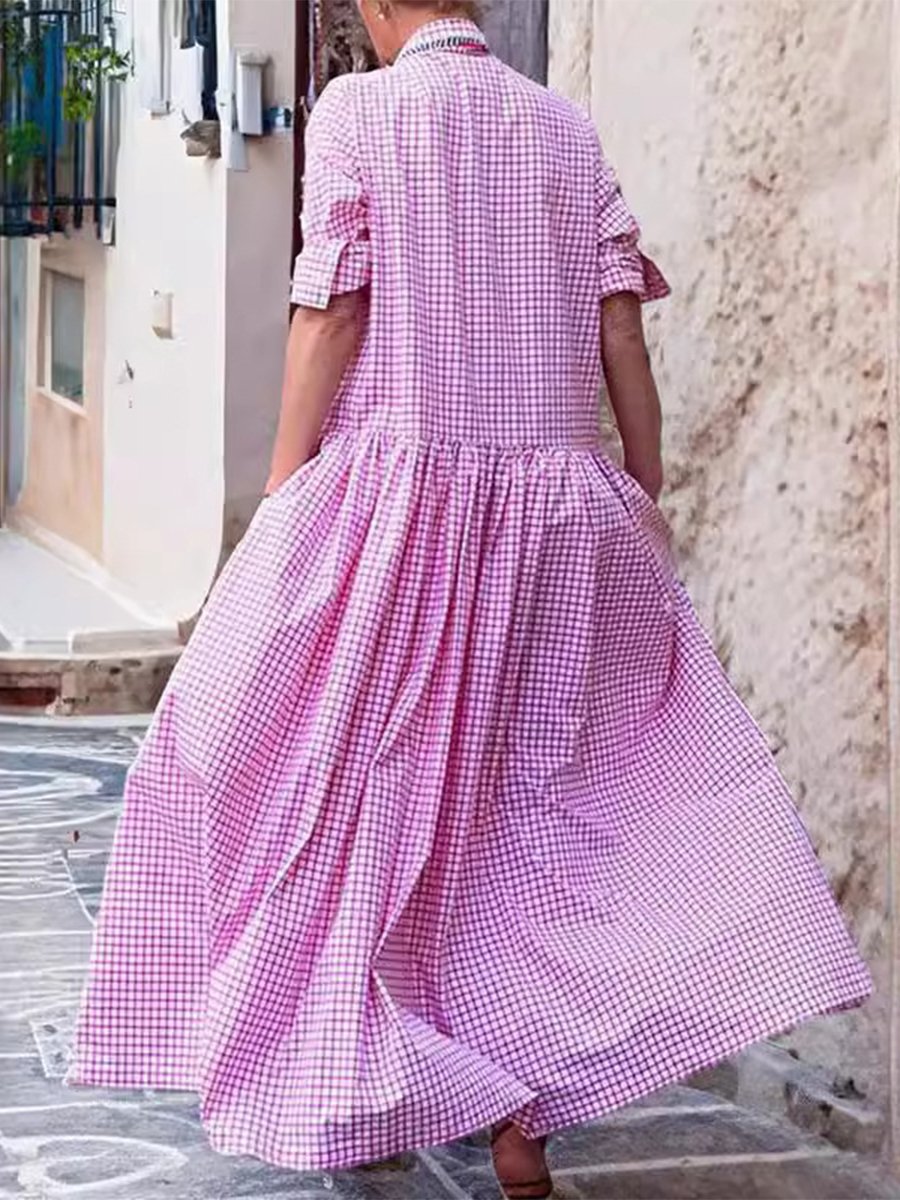 Elegant Plaid Loose Lapel Long-Sleeved Dress