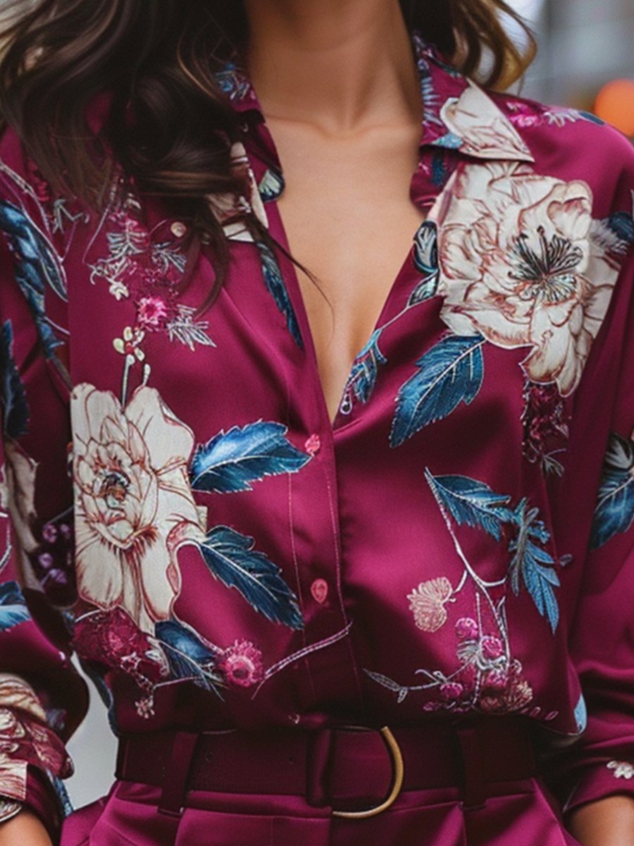 Vibrant Floral Print Burgundy Satin Blouse