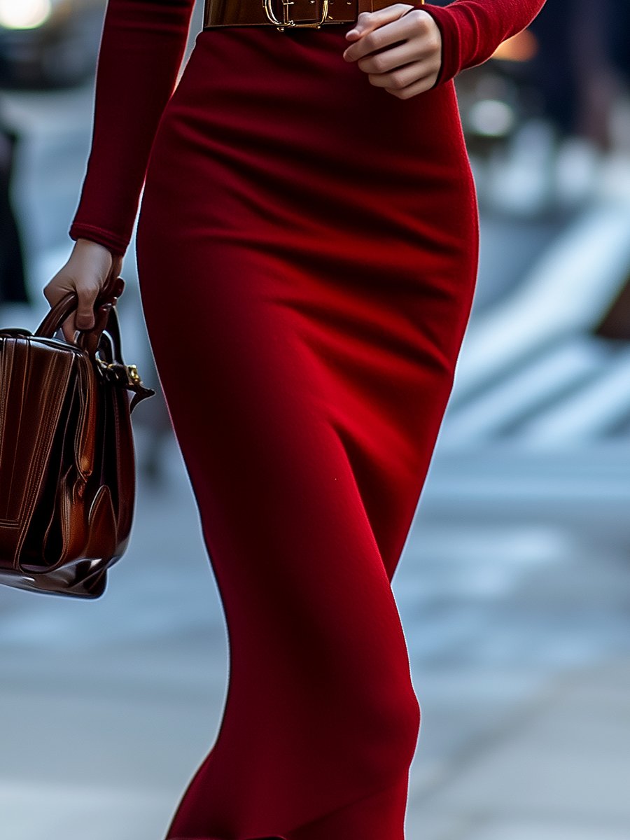 Elegant Red Turtleneck Knit Dress with Belted Waist