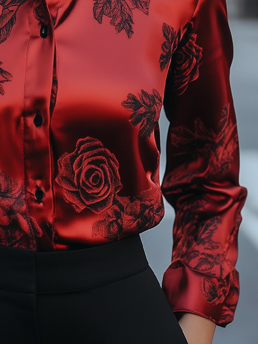Elegant Red Satin Blouse with Floral Detailing
