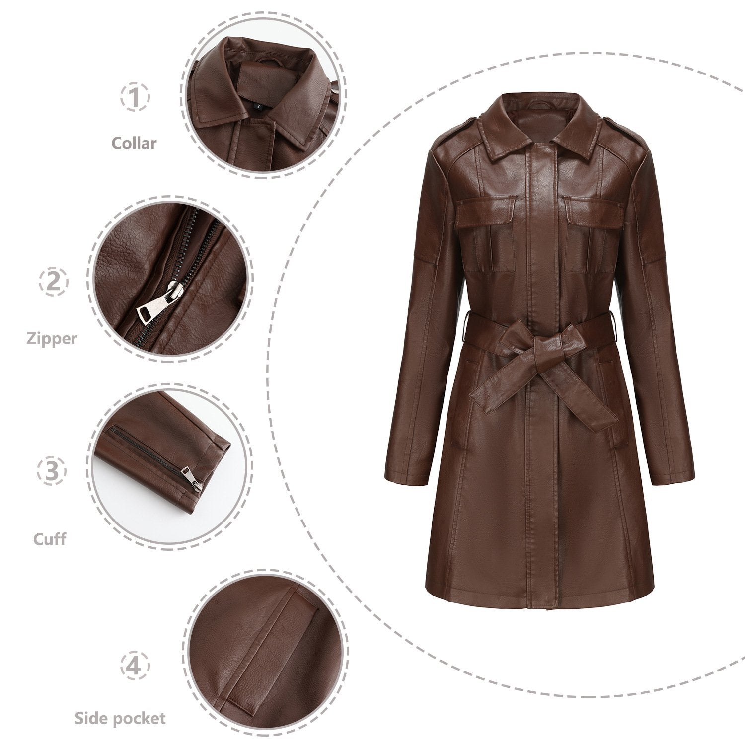 Classic Faux Leather Plain Long-sleeved Trench Coat with Belt