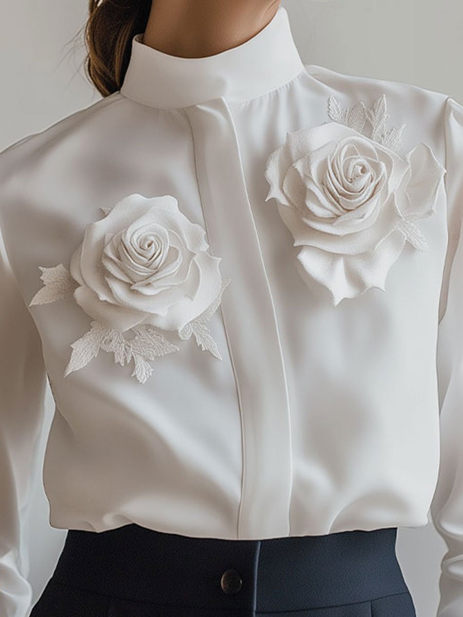 Elegant White Blouse with 3D Floral Appliqué