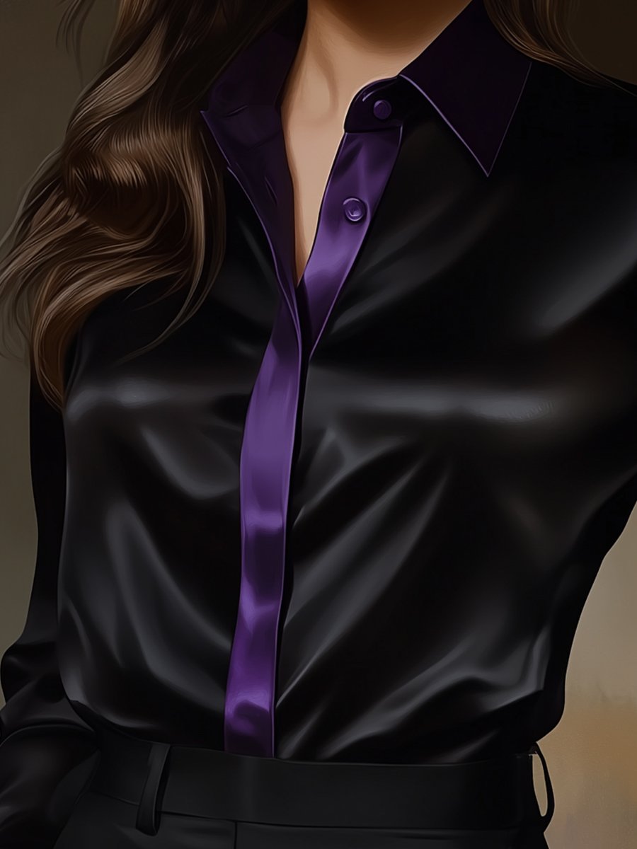 Midnight Black Satin Blouse with Deep Purple Accents