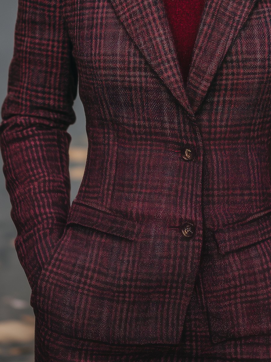 Plaid Wool Blazer in Rich Burgundy Tones