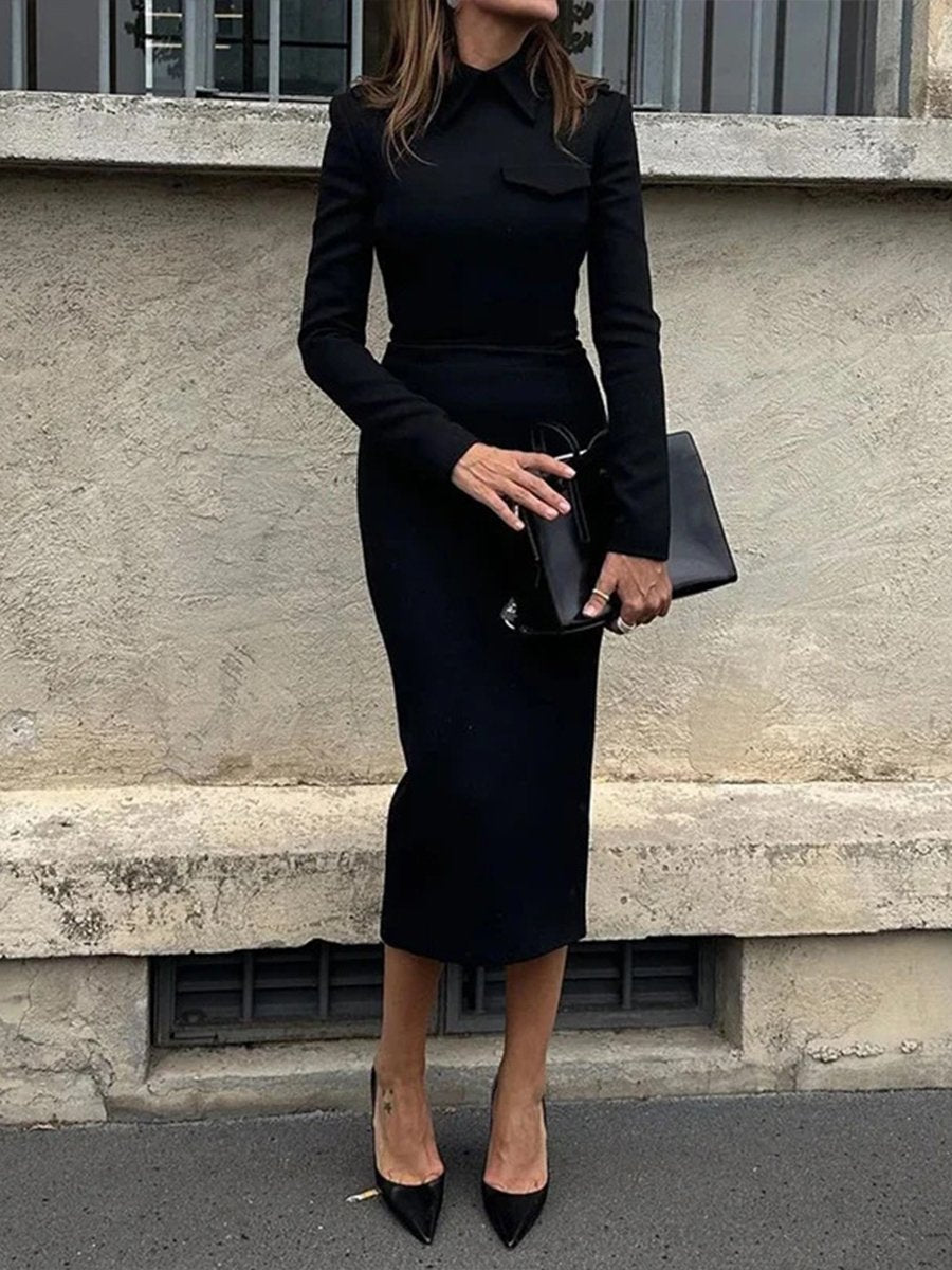 Solid Color Fashionable Lapel Slim Fit Hip-hugging Dress