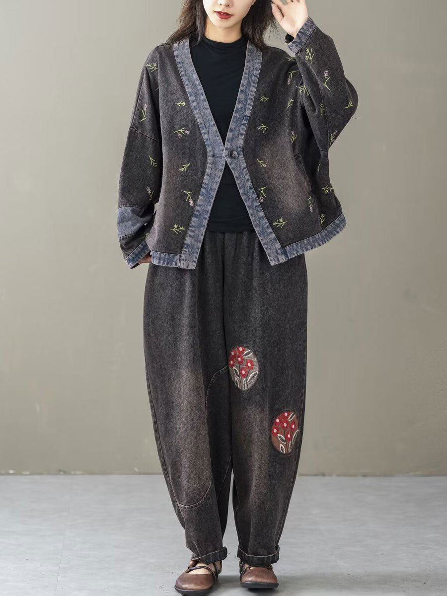 Floral Embroidered Denim Cardigan with Patchwork Details