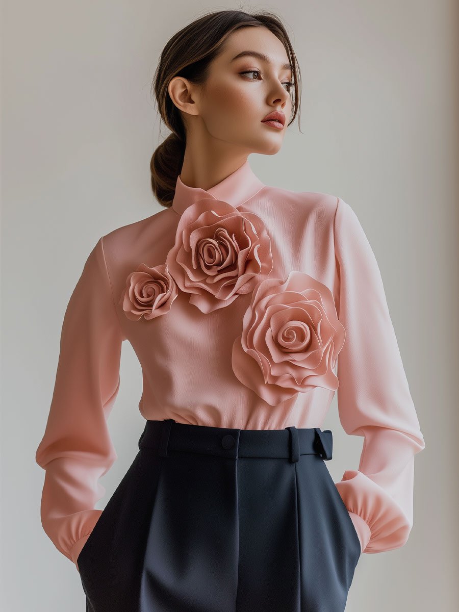 Sophisticated 3D Rose Embellished Pink Blouse
