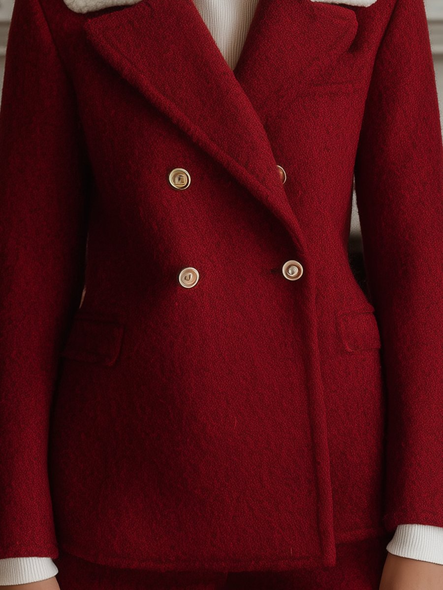 Elegant Red Wool Blazer with Shearling Collar and Gold Buttons