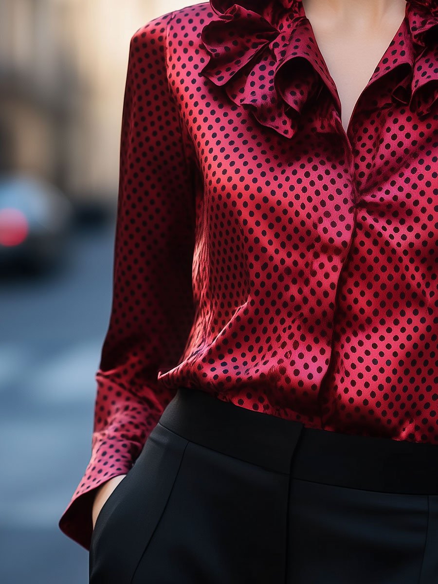 Red Polka Dot Satin Blouse with Ruffle Accents