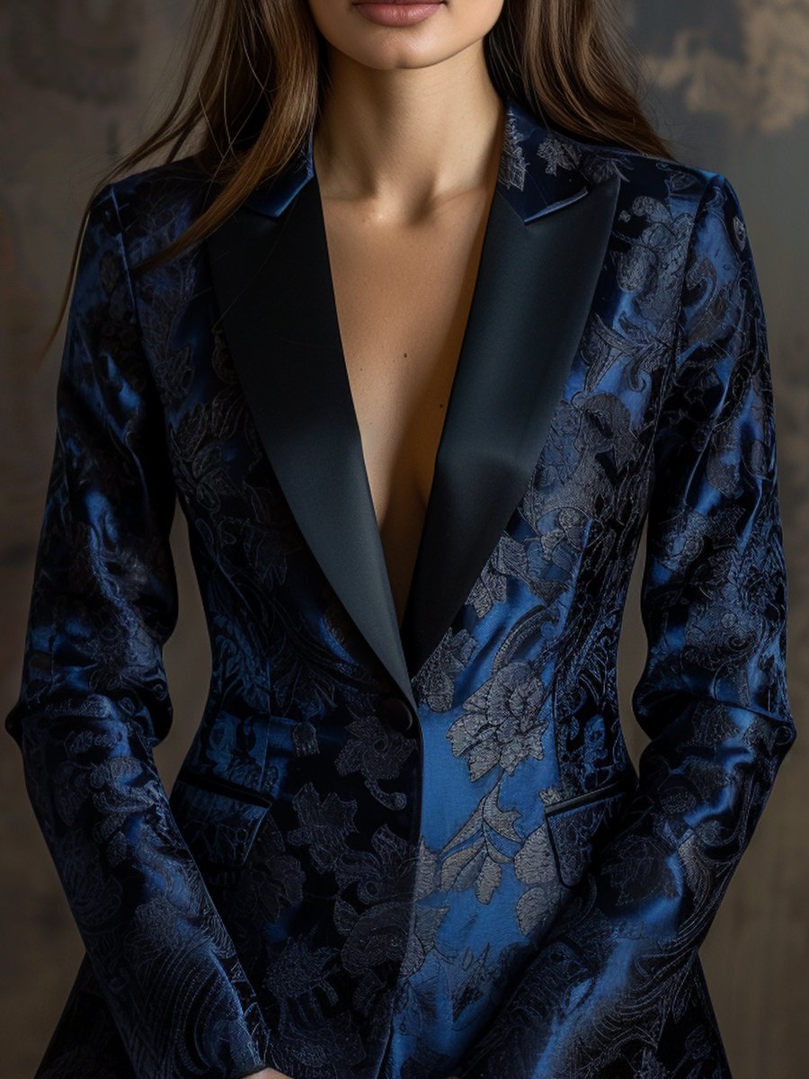 Navy Satin Jacquard Blazer
