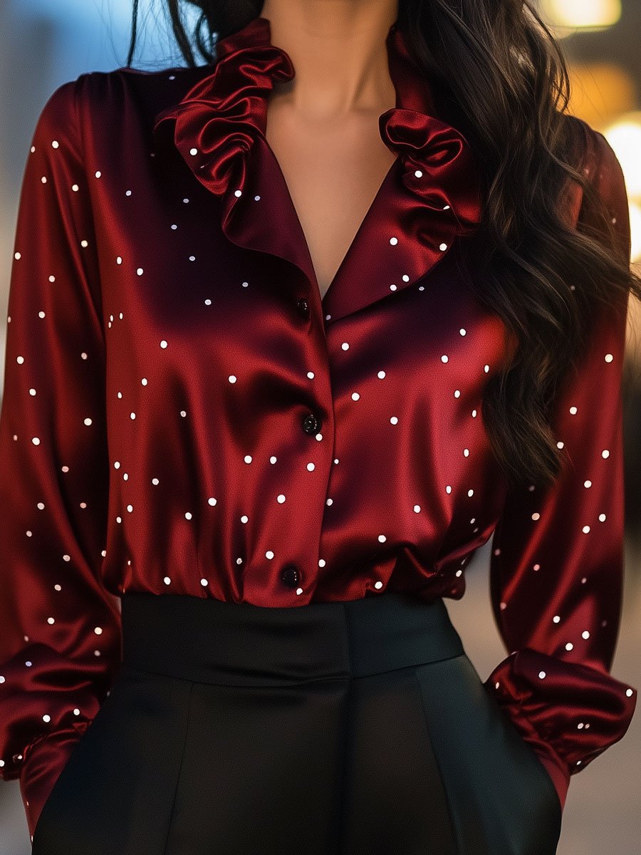 Ruffled Satin Blouse with Dainty Dots