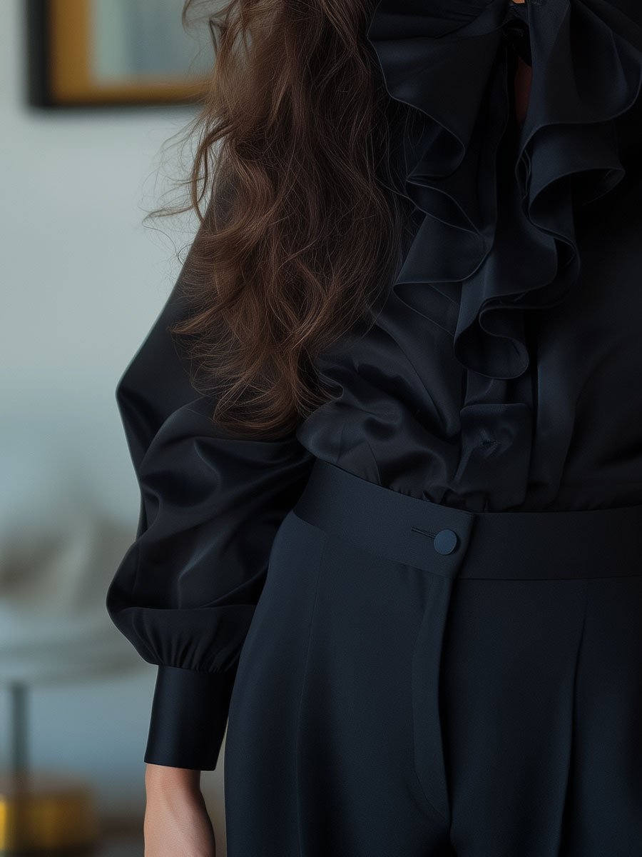 Chic Black Blouse Featuring Dramatic Ruffles