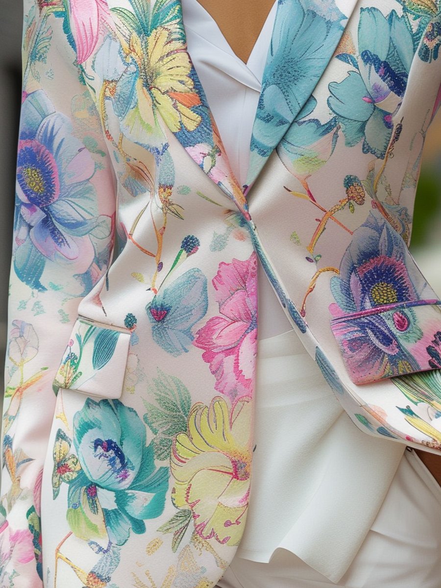 Pastel Satin Blazer Adorned with Colorful Floral Prints