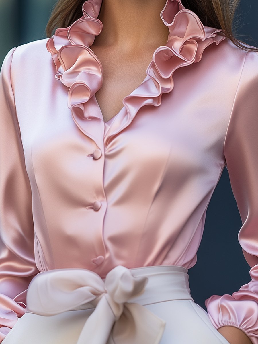 Elegant Pink Satin Blouse with Ruffled V-Neckline Charm