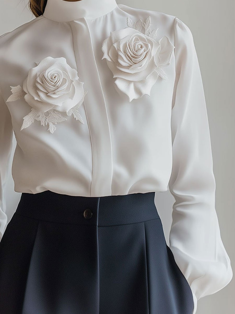 Elegant White Blouse with 3D Floral Appliqué