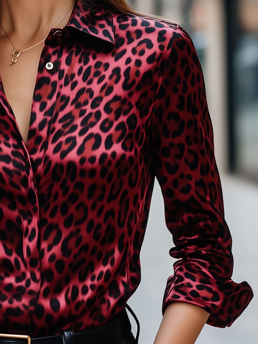 Sleek Red Leopard Print Satin Blouse