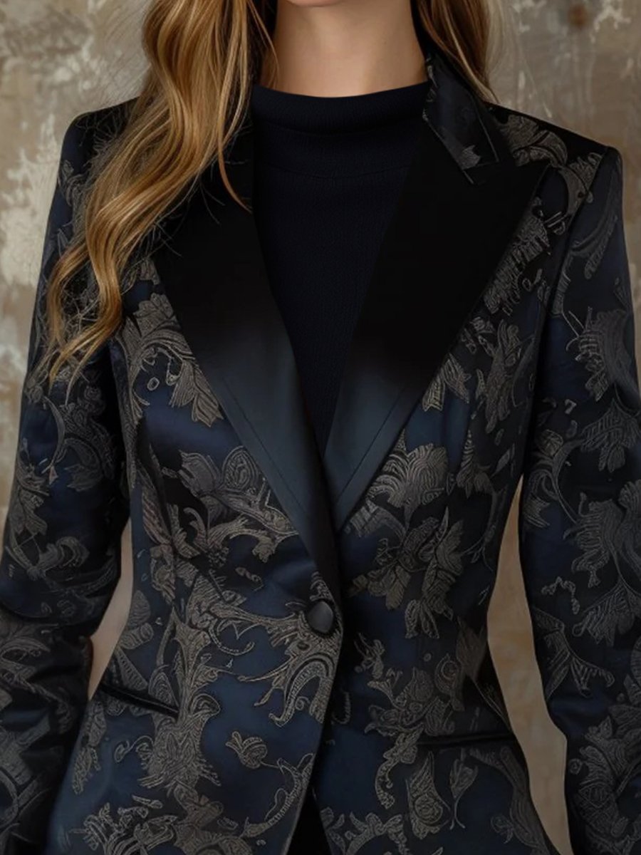 Deep Navy Satin Jacquard Blazer with Elegant Floral Pattern