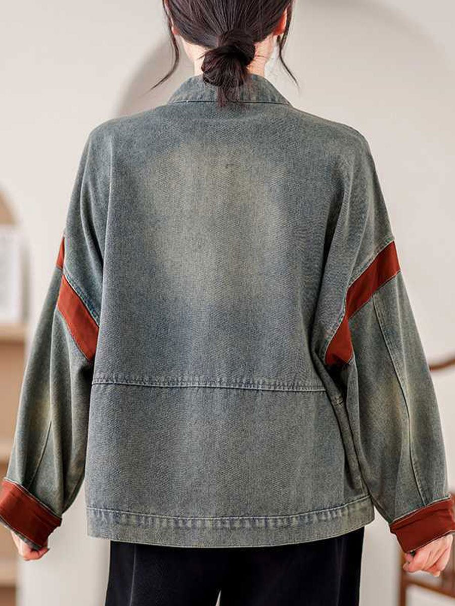 Casual Button-Up Denim Jacket with Brown Accent Trim