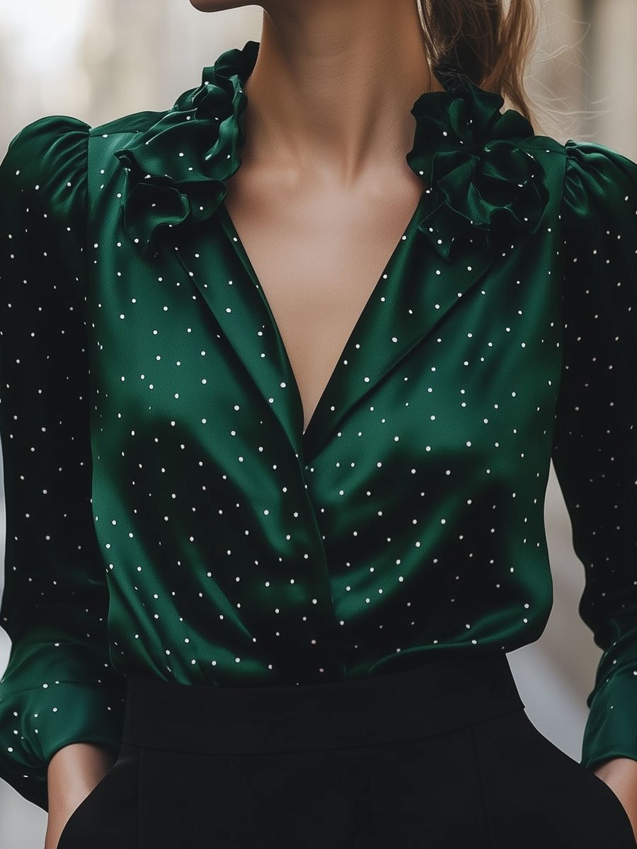 Chic Satin Blouse with Ruffles and Polka Dots