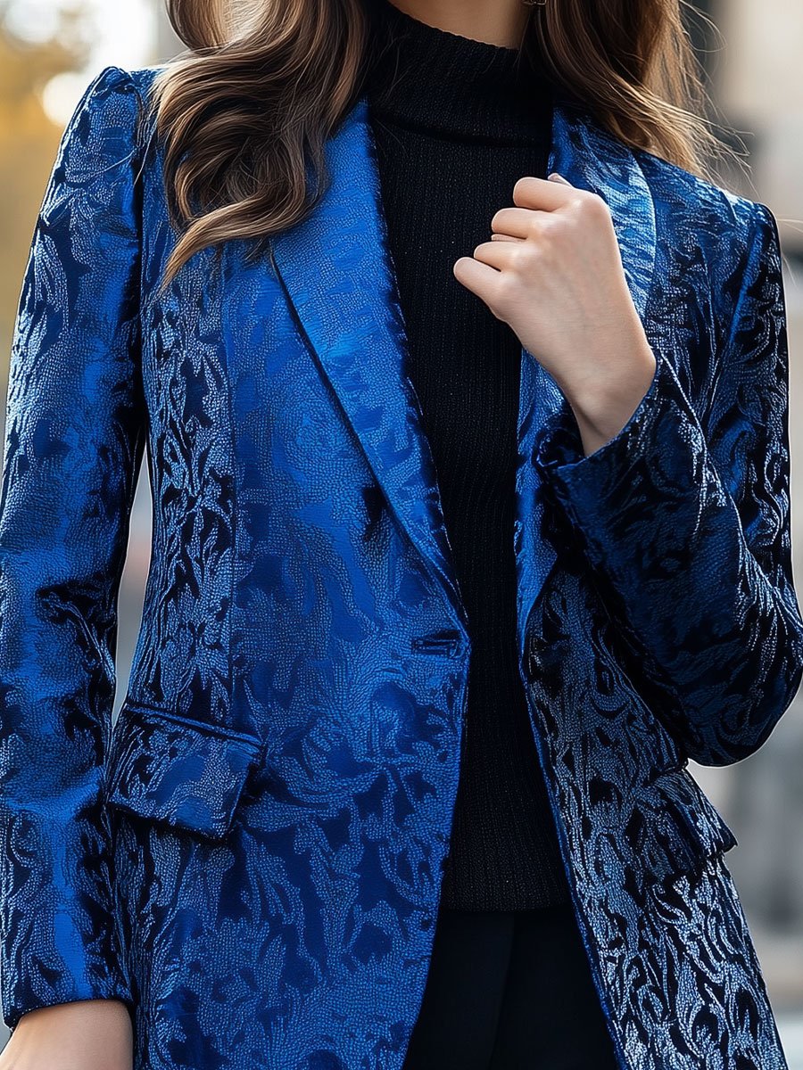 Royal Blue Jacquard Blazer with Floral Textures