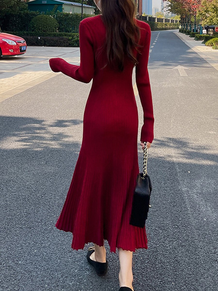 V-neck Slim Waist Knitted Dress
