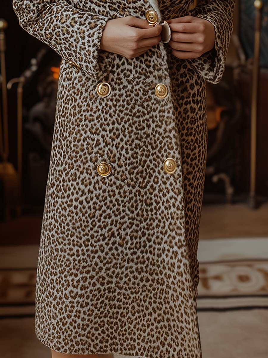 Leopard Print Double-Breasted Winter Coat with Shearling Collar