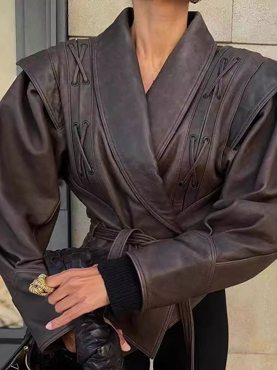 Stylish Lapel Lace-up Leather Jacket