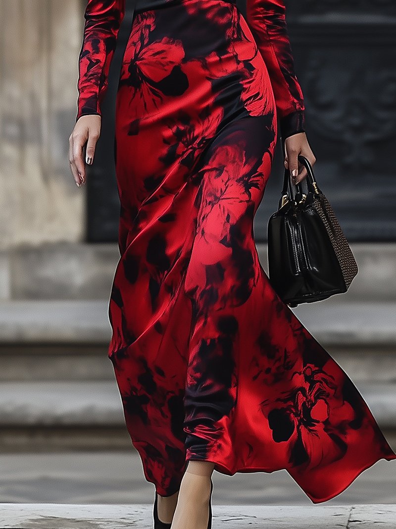 Luxury Red Satin Evening Dress with Black Floral Motifs