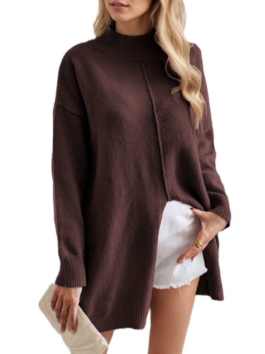 Chic Solid Color Half Turtleneck Side-Slit Pullover Sweater