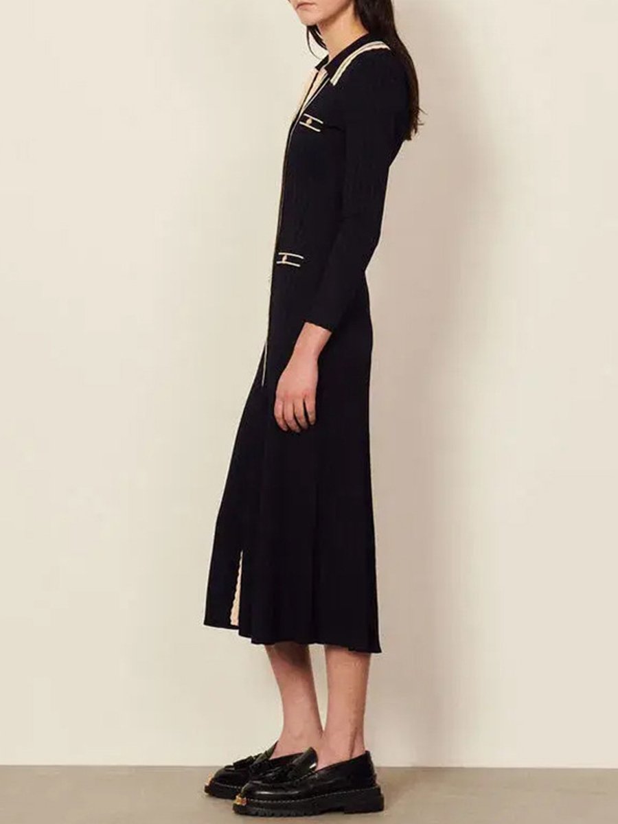 V-neck Contrast Striped Fishtail Long Dress