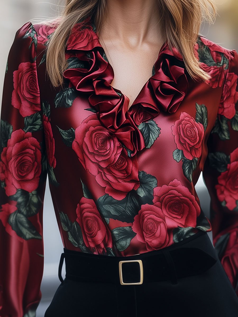 Ruffled Roses Satin Blouse